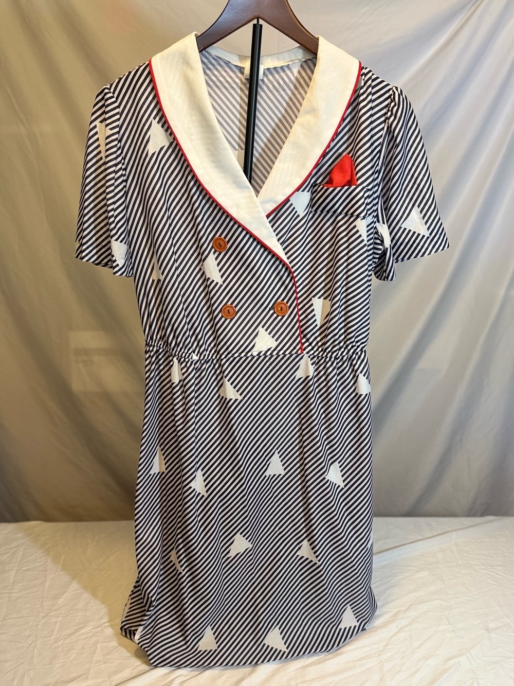 Vintage 1980s Nautical-Inspired Blue & White Stripe Dress with Red Trim (UU12)